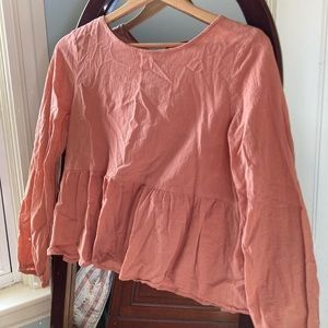 Burnt orange linen tie back shirt — super flattering shape, bell sleeves